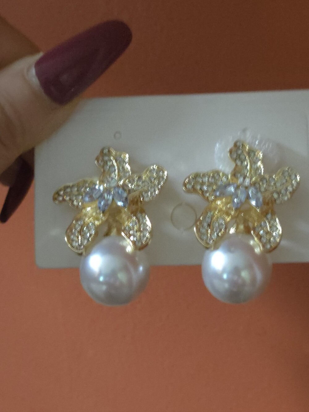 Gold Flower Pearl Drop Earrings with Clear Crystals Like Rhinestone - Picture 10 of 16